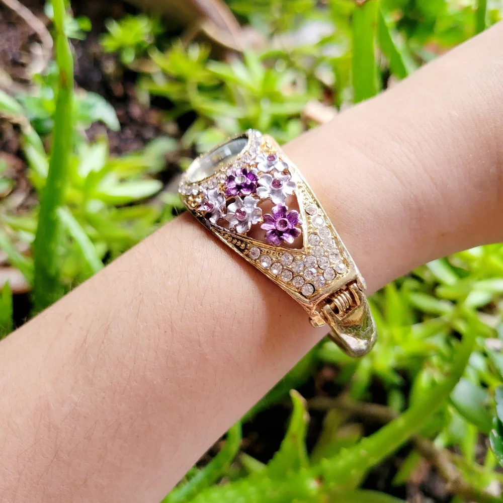 Ornate Floral Rhinestone Gold & Purple Watch